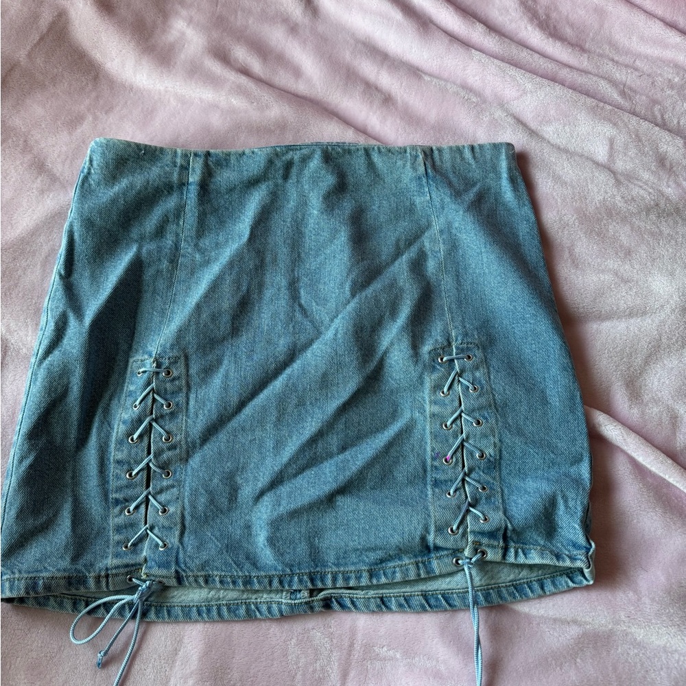 Lace-Up Side Mini Denim Skirt